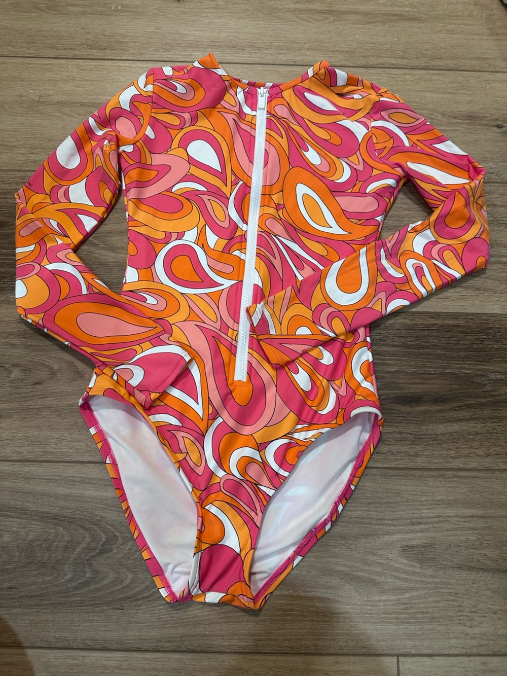 Michael Kors Pink & Orange Long-Sleeve Zip-Front Swim Bodysuit